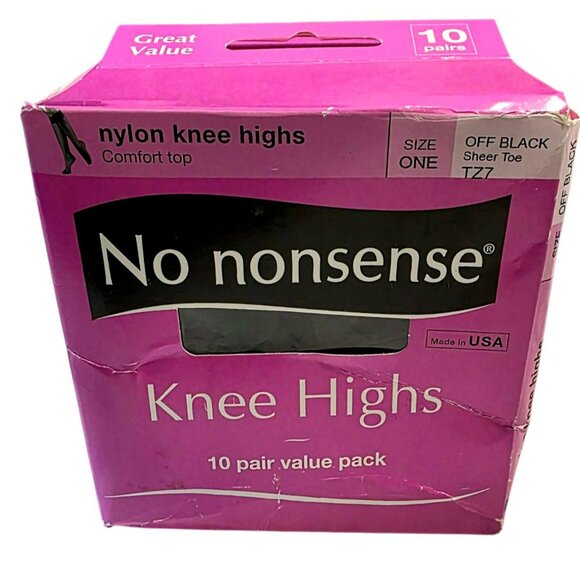 New No Nonsense Nylon Knee Highs 10 Pair Off Black Sheer Toe Comfort Top Vintage - Picture 1 of 3